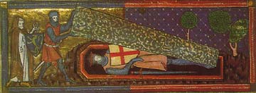 Knight lifting slab of tomb